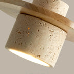 Suspension cylindrique moderne en bois et pierre beige, disque lumineux