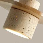 Suspension cylindrique moderne en bois et pierre beige, disque lumineux