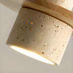Suspension cylindrique moderne en bois et pierre beige, disque lumineux