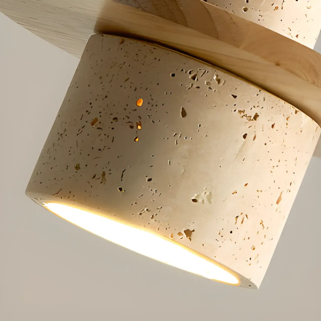 Suspension cylindrique moderne en bois et pierre beige, disque lumineux