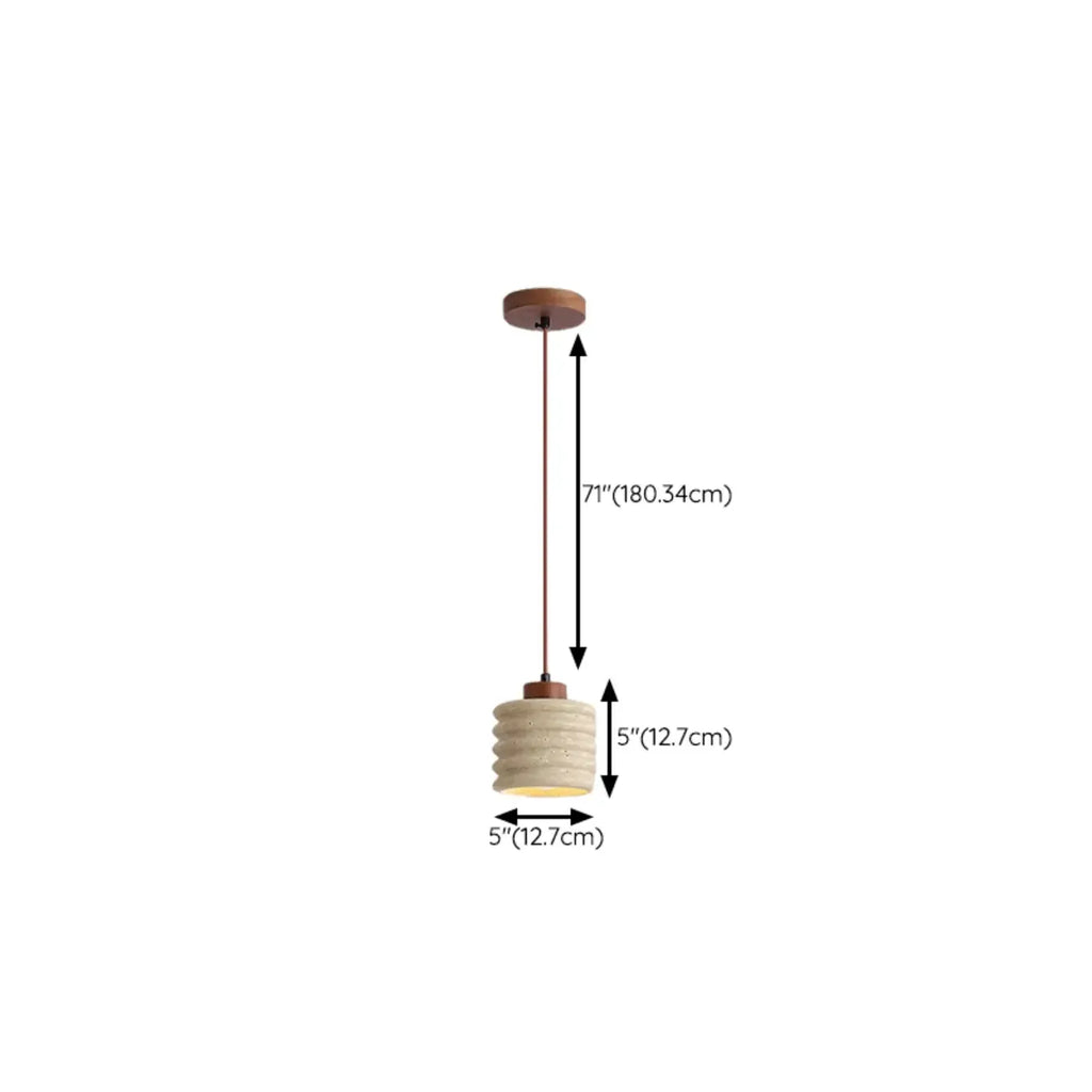 Suspension cylindrique moderne en bois et pierre beige, disque lumineux