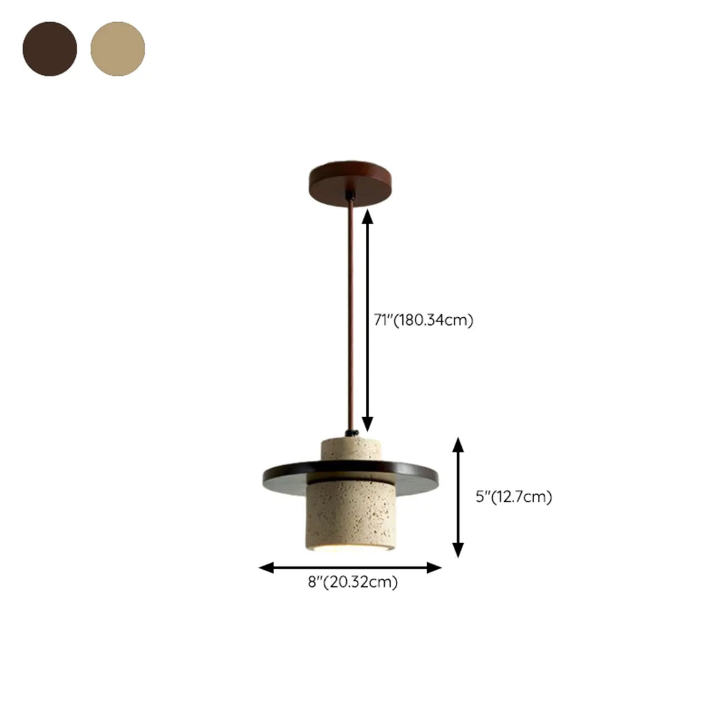Suspension cylindrique moderne en bois et pierre beige, disque lumineux