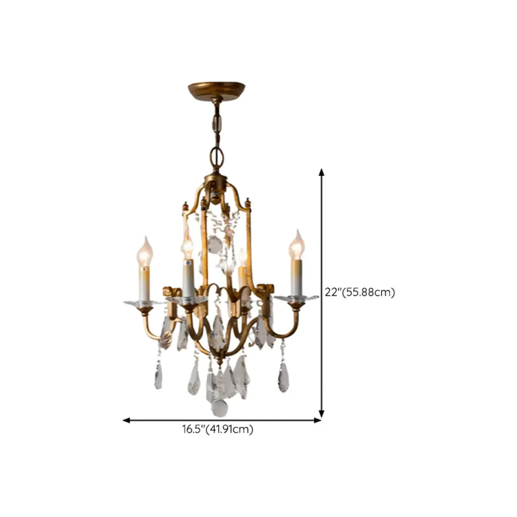 Lustre candélabre vintage traditionnel doré avec cristal