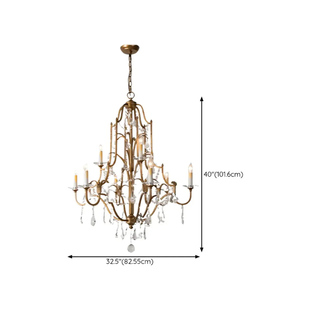 Lustre candélabre vintage traditionnel doré avec cristal