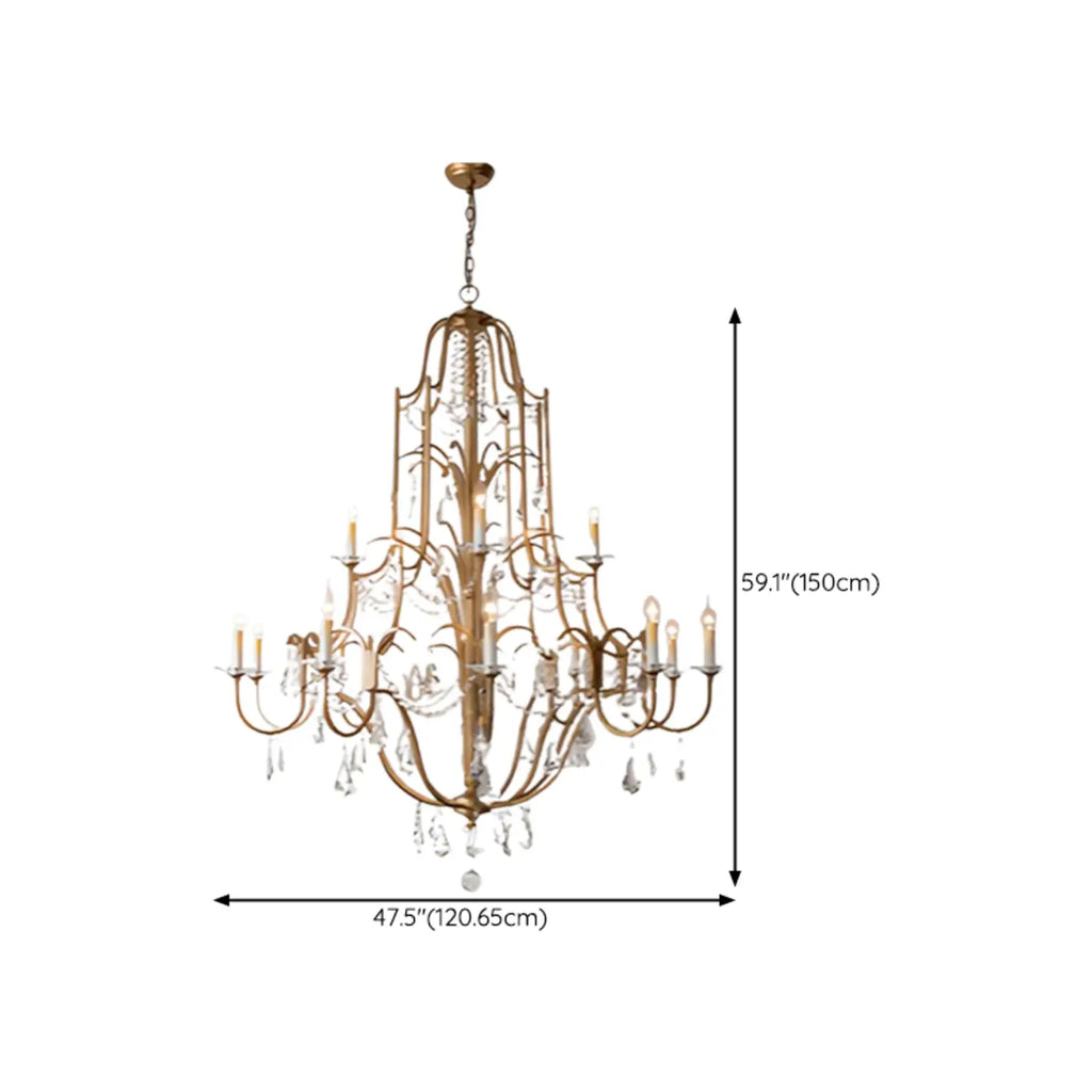 Lustre candélabre vintage traditionnel doré avec cristal