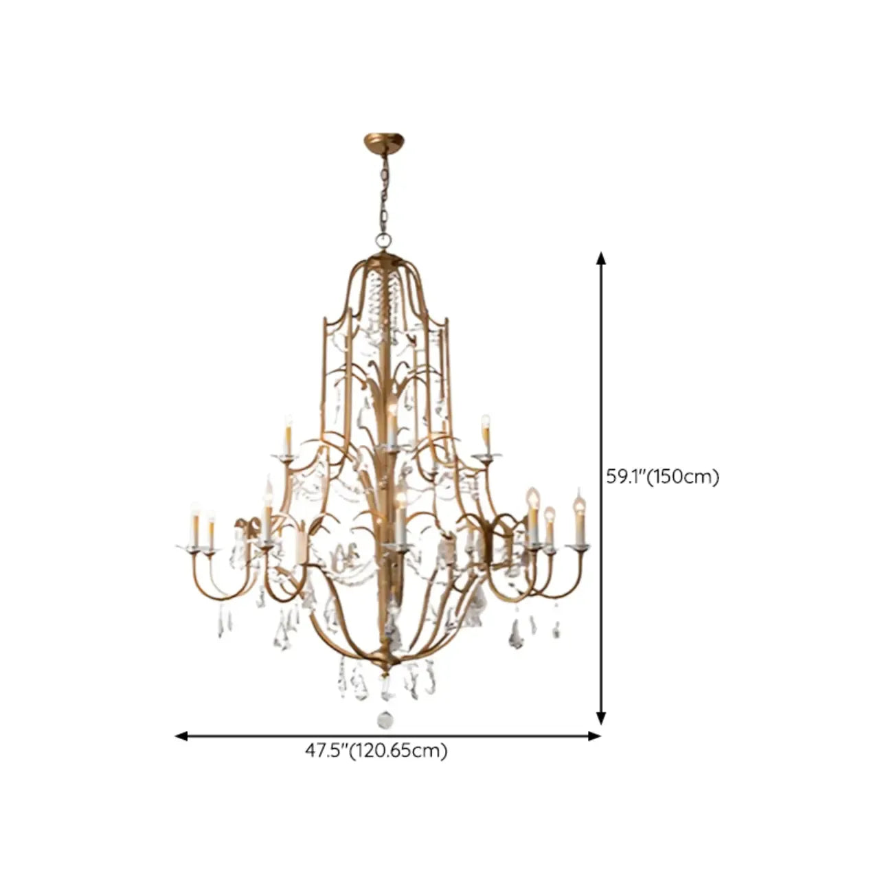 Lustre candélabre vintage traditionnel doré avec cristal