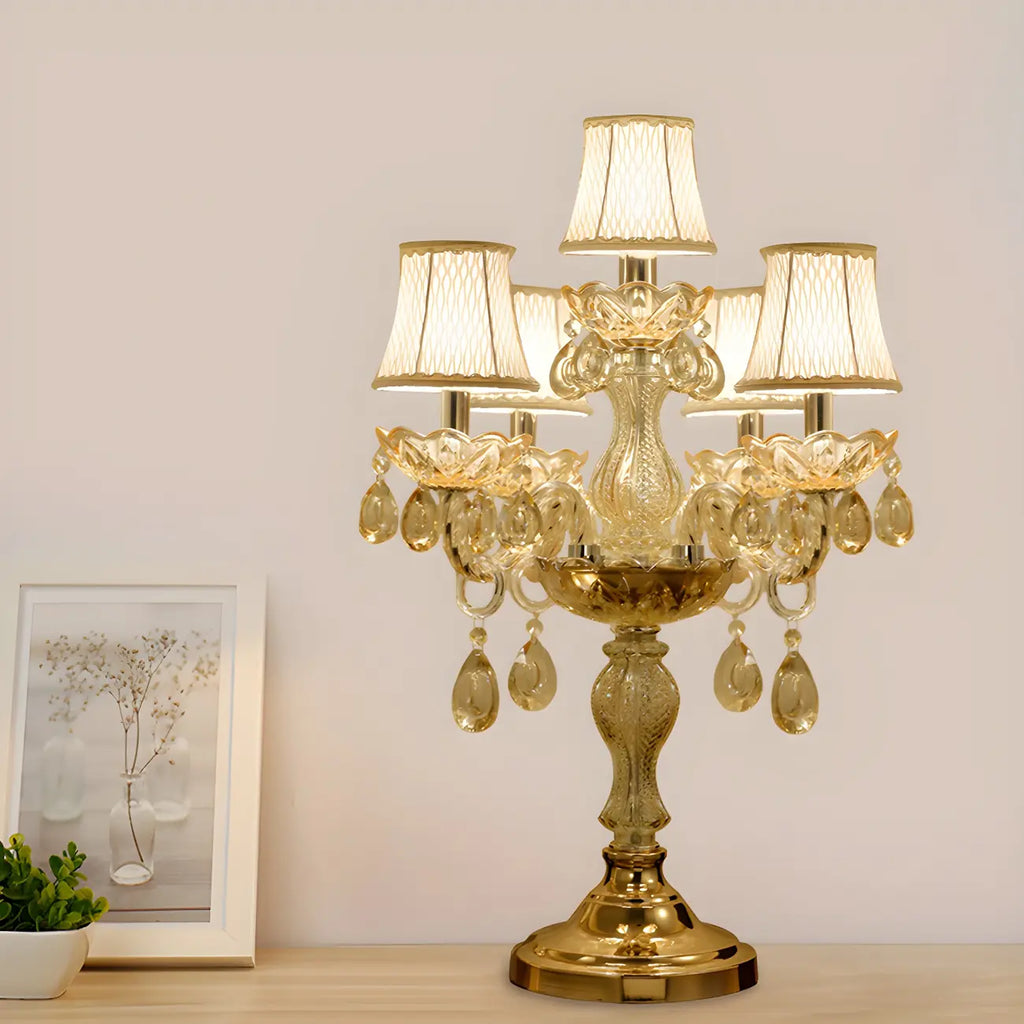 Lampe de table candélabre en cristal doré à plusieurs lumières de luxe