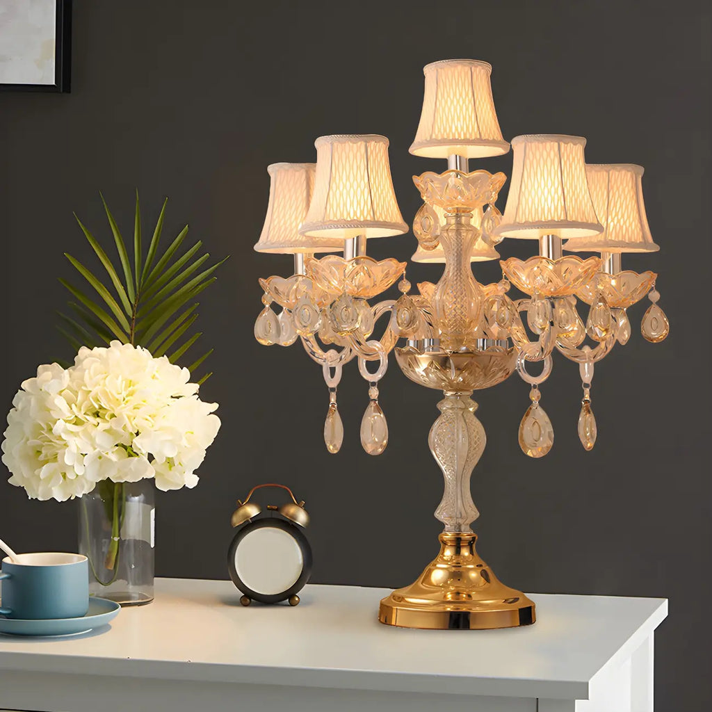 Lampe de table candélabre en cristal doré à plusieurs lumières de luxe