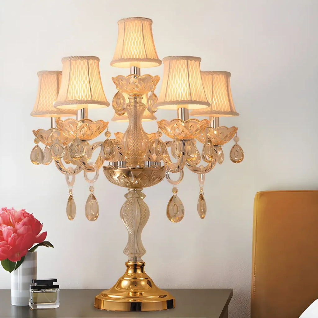 Lampe de table candélabre en cristal doré à plusieurs lumières de luxe