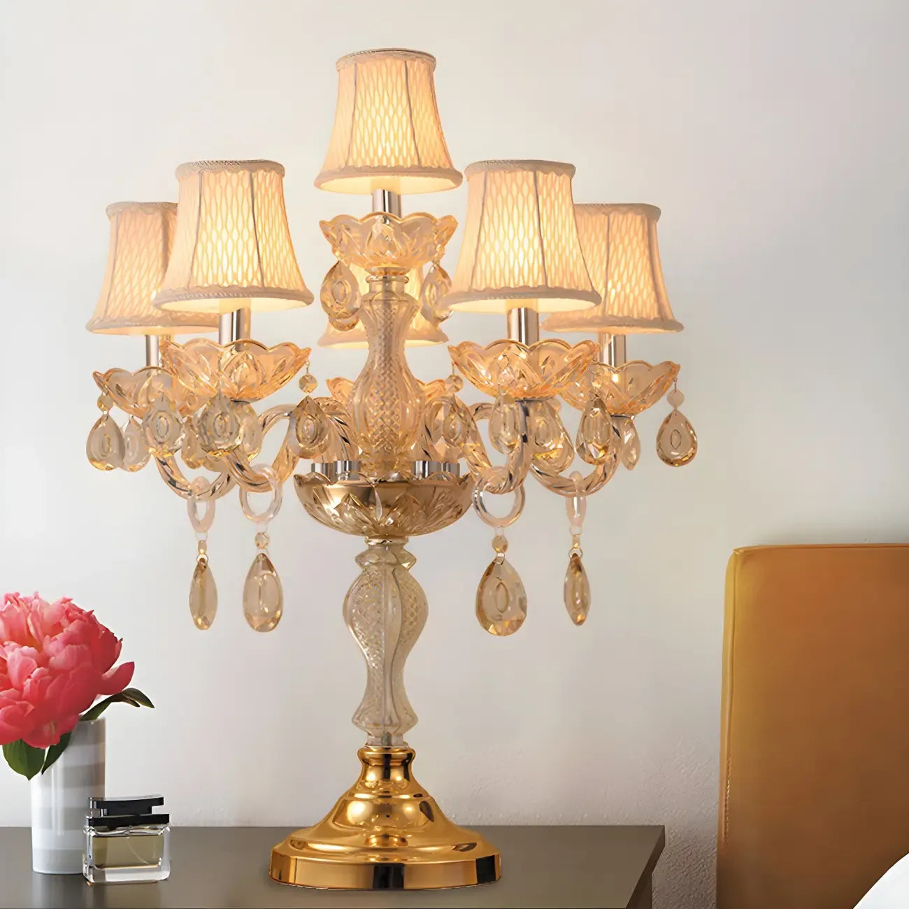 Lampe de table candélabre en cristal doré à plusieurs lumières de luxe