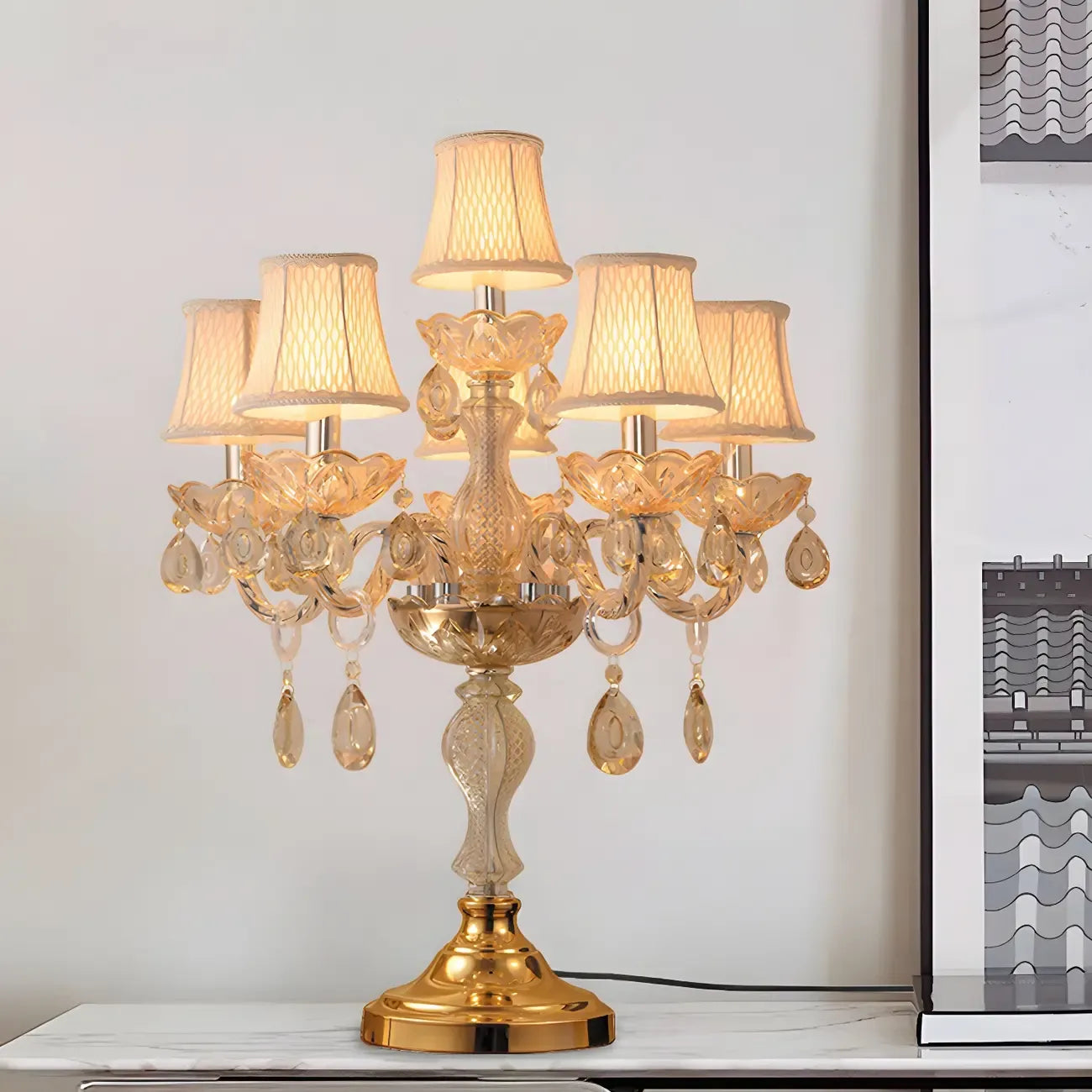 Lampe de table candélabre en cristal doré à plusieurs lumières de luxe