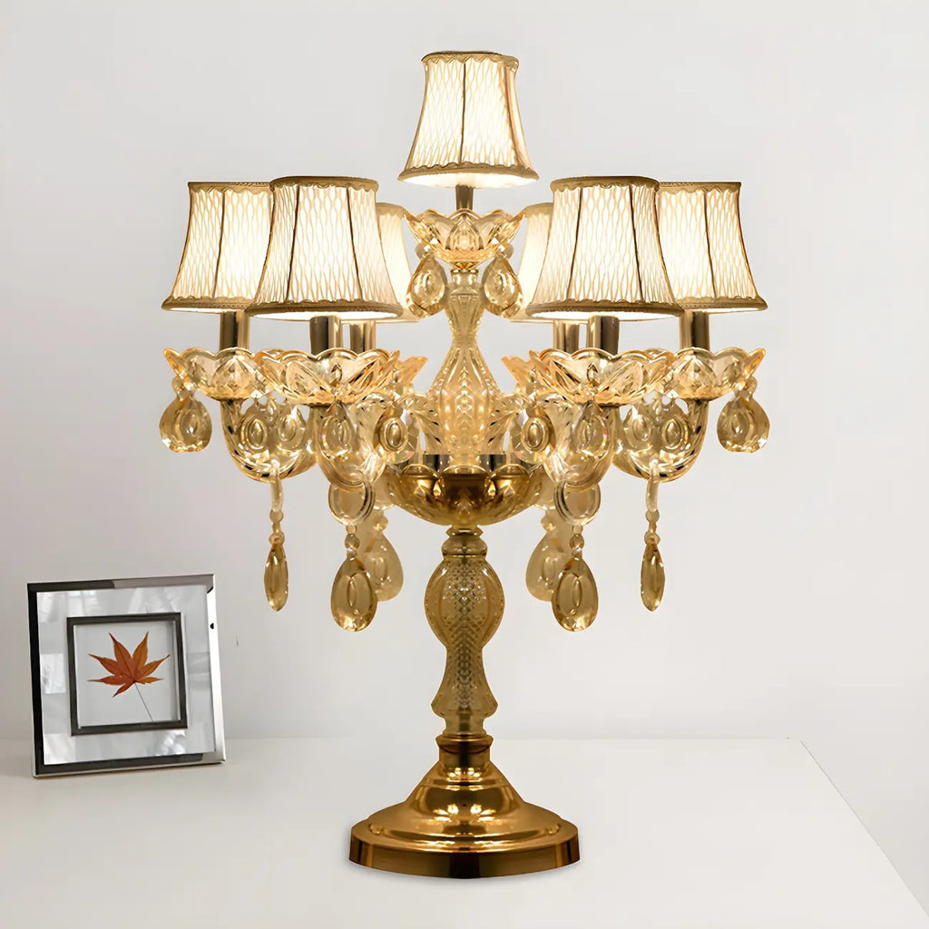 Lampe de table candélabre en cristal doré à plusieurs lumières de luxe