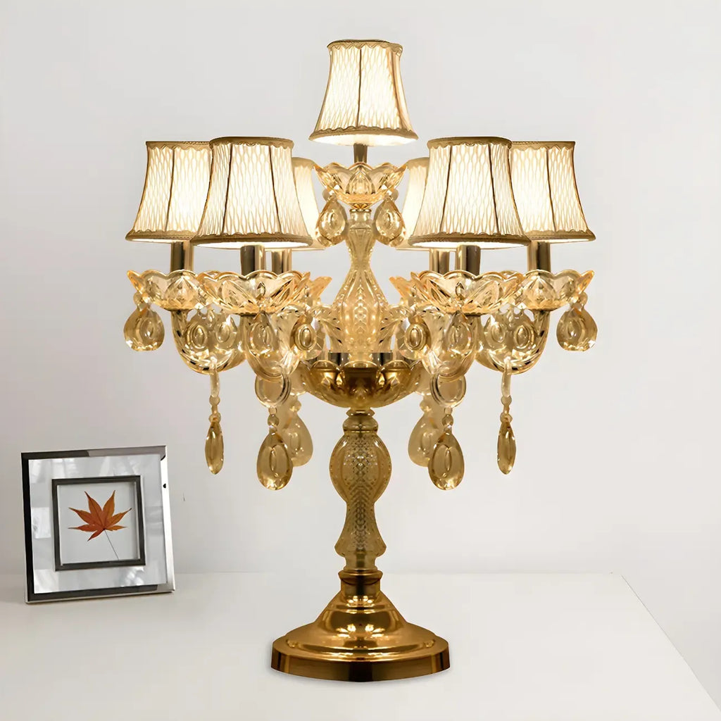 Lampe de table candélabre en cristal doré à plusieurs lumières de luxe