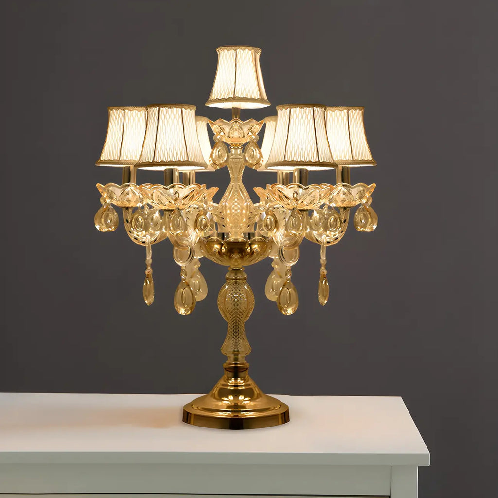 Lampe de table candélabre en cristal doré à plusieurs lumières de luxe