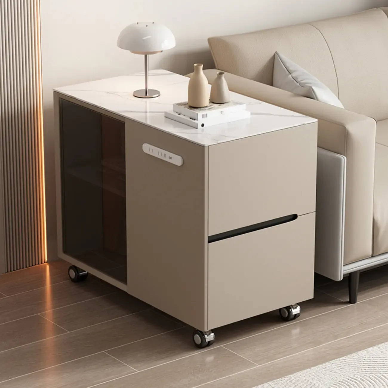 Table d'appoint mobile rectangulaire avec plateau en plastique et tiroirs de rangement