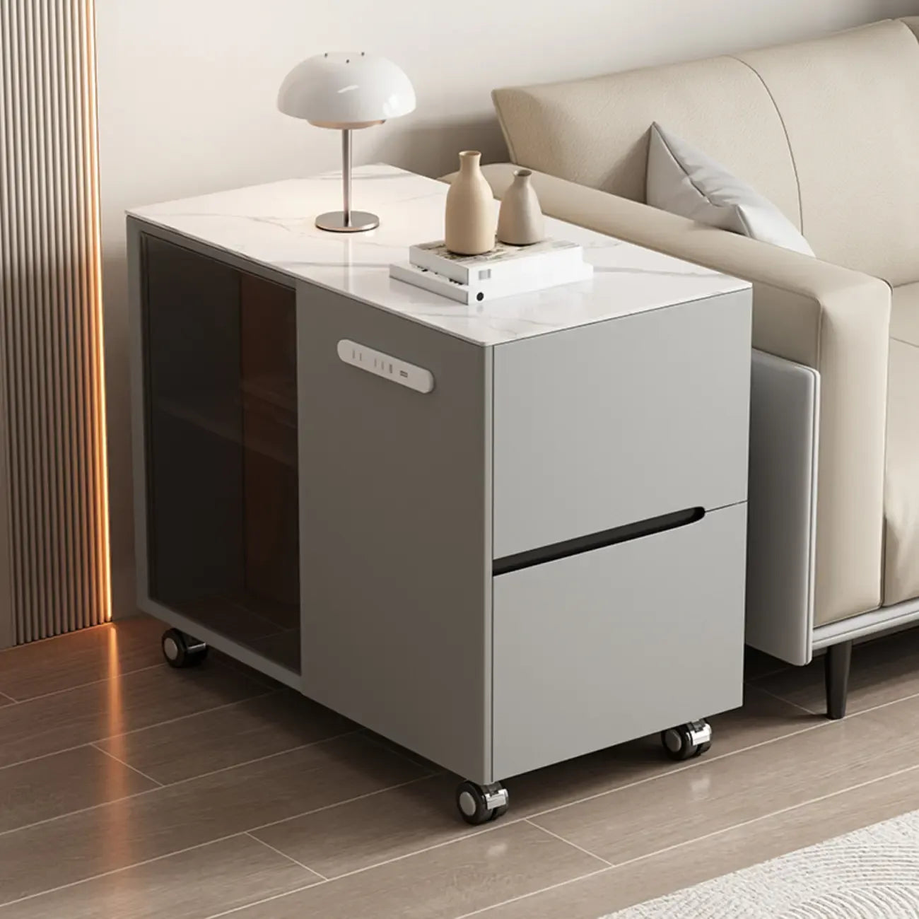 Table d'appoint mobile rectangulaire avec plateau en plastique et tiroirs de rangement