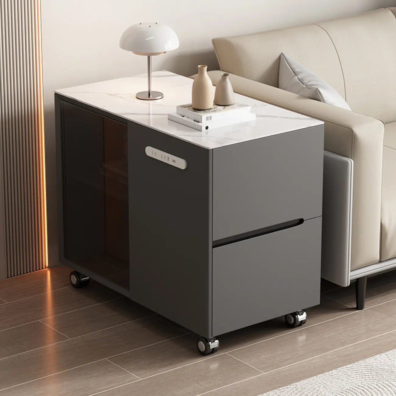 Table d'appoint mobile rectangulaire avec plateau en plastique et tiroirs de rangement