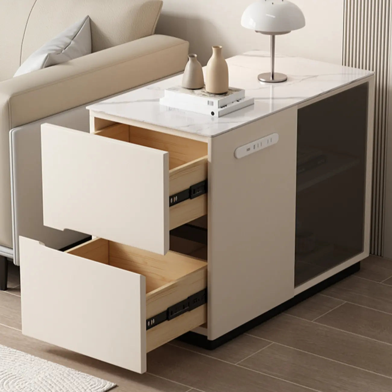 Table d'appoint mobile rectangulaire avec plateau en plastique et tiroirs de rangement
