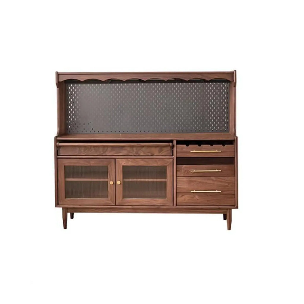 Buffet marron à 3 tiroirs et panneau perforé en bois, avec éclairage intégré