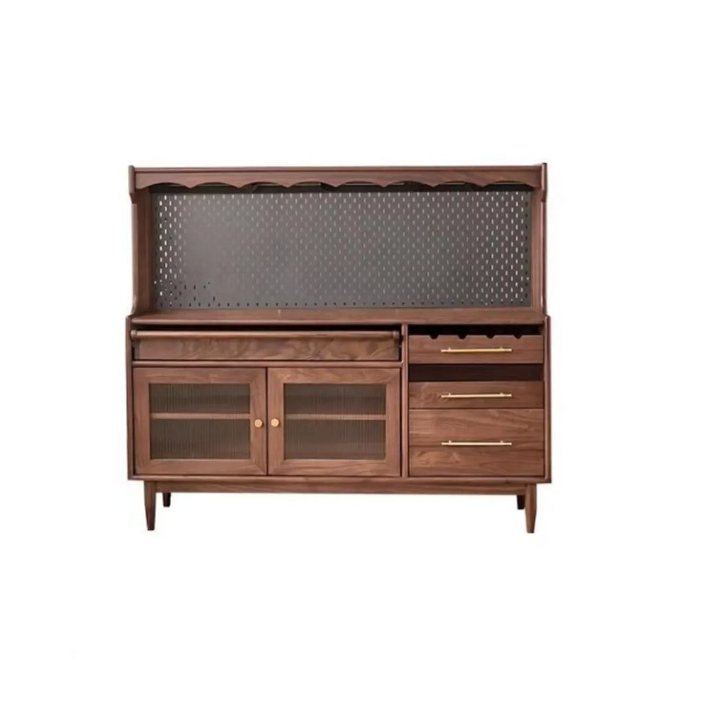 Buffet marron à 3 tiroirs et panneau perforé en bois, avec éclairage intégré