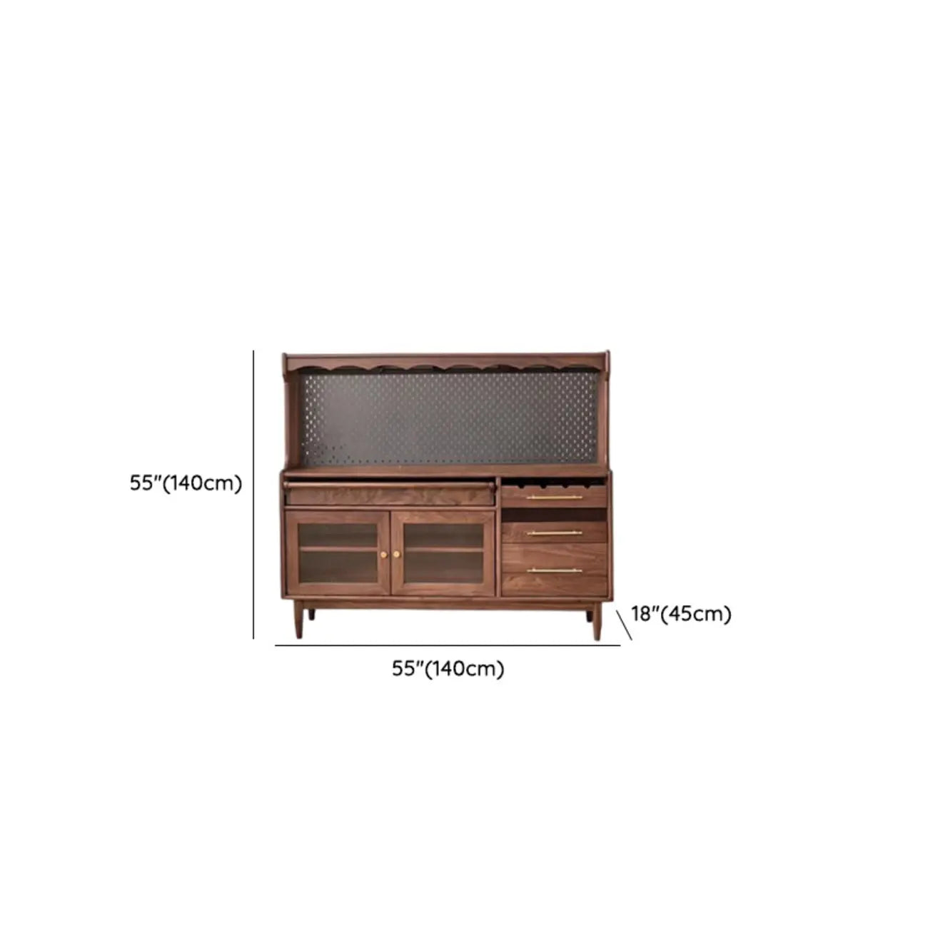 Buffet marron à 3 tiroirs et panneau perforé en bois, avec éclairage intégré
