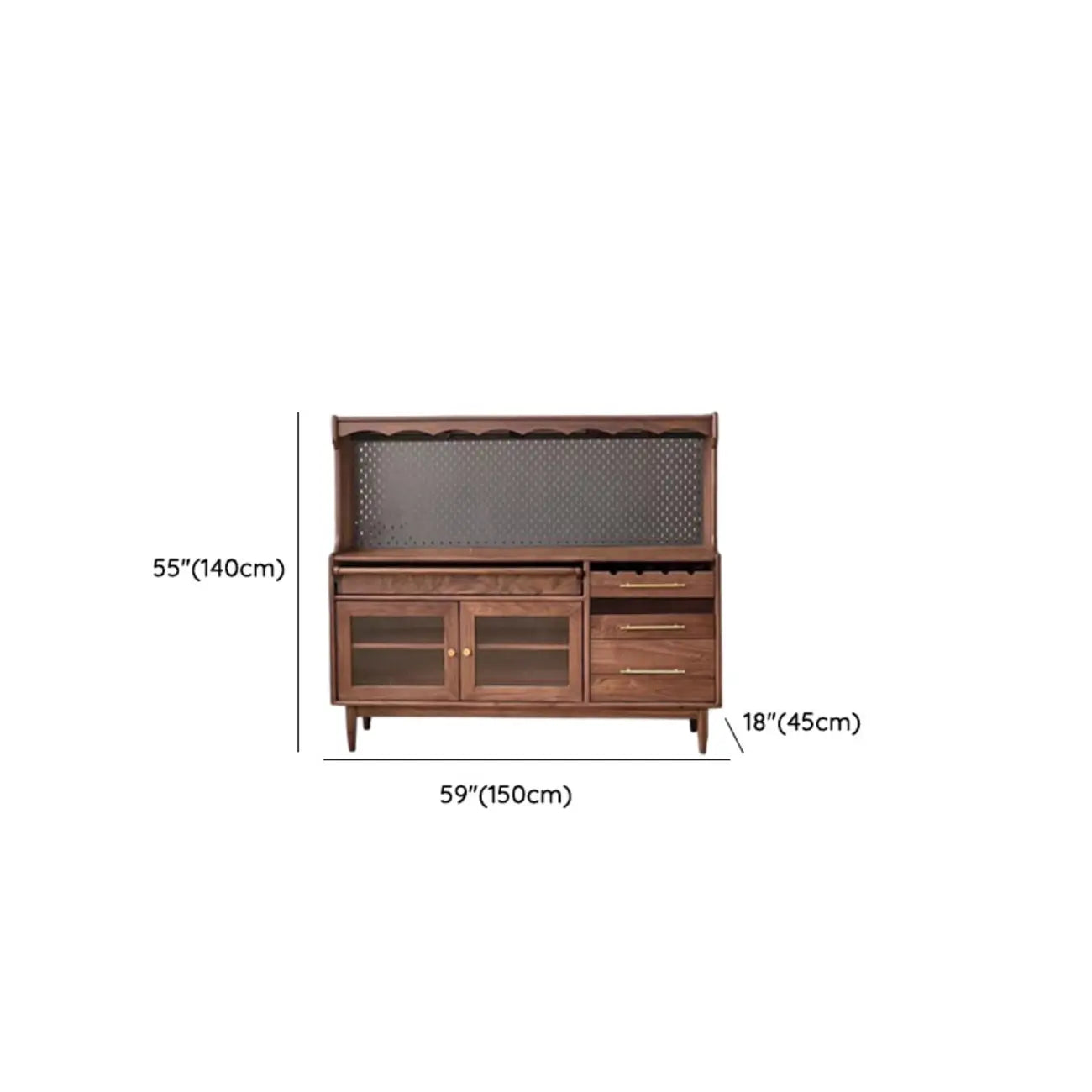 Buffet marron à 3 tiroirs et panneau perforé en bois, avec éclairage intégré