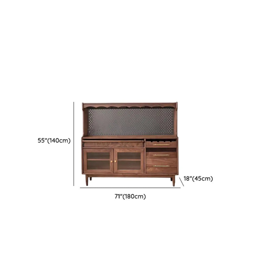 Buffet marron à 3 tiroirs et panneau perforé en bois, avec éclairage intégré
