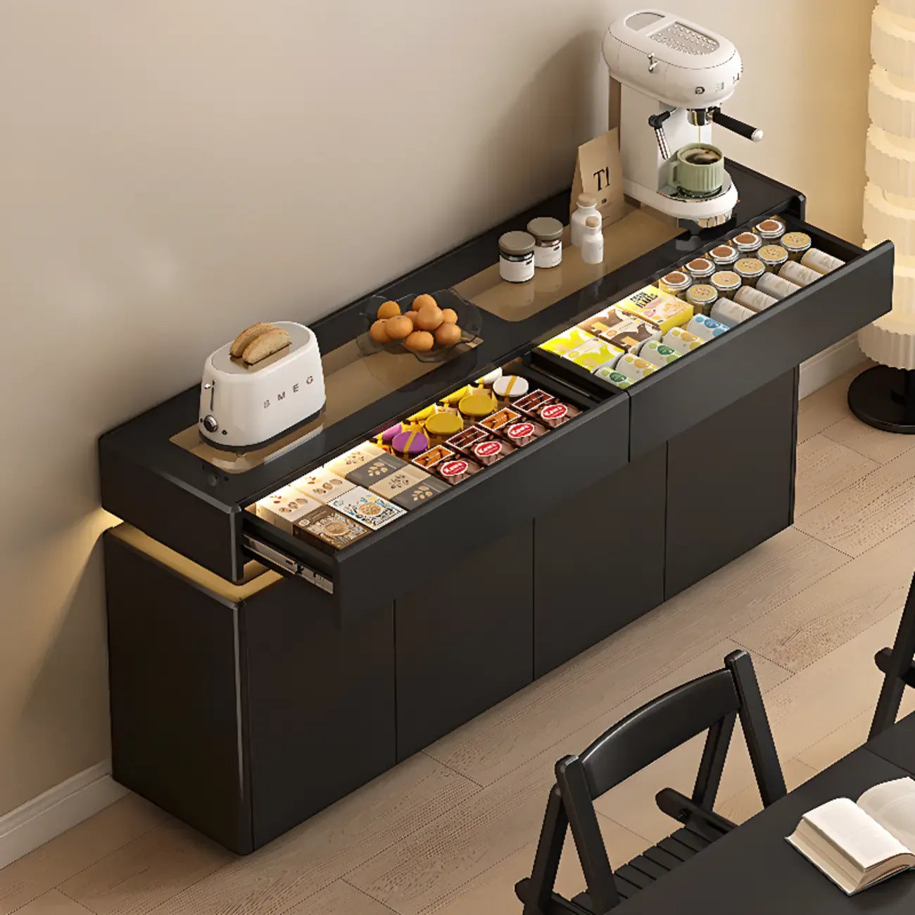 Buffet noir en bois et verre avec éclairage LED, tiroirs et étagères