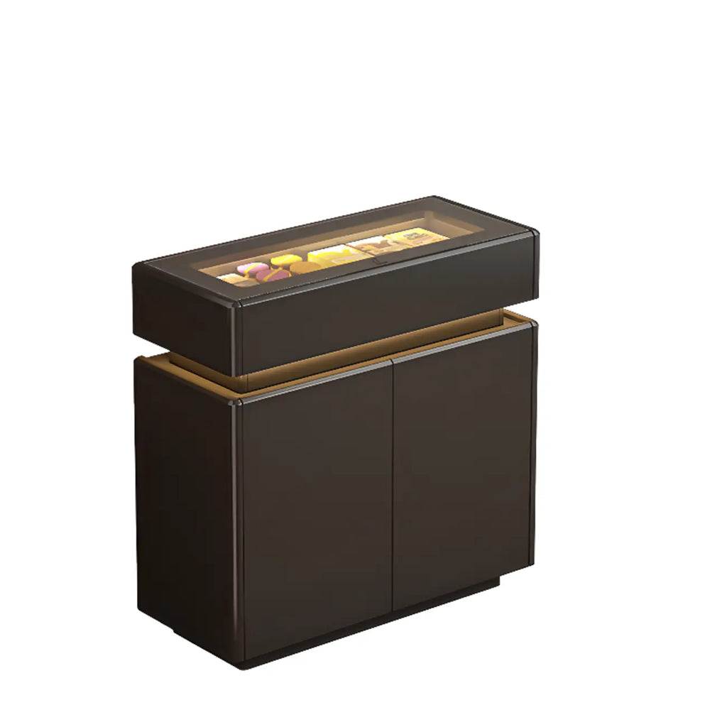 Madia in Legno e Vetro Nera con Luci LED, Cassetti e Ripiani