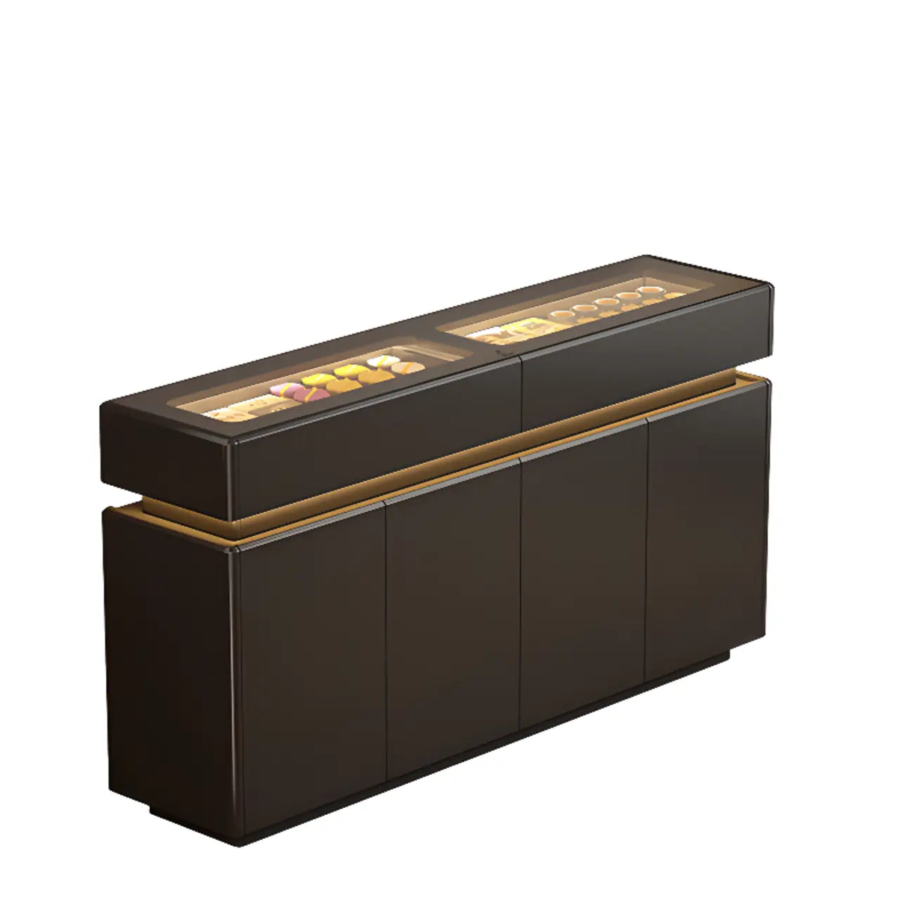 Buffet noir en bois et verre avec éclairage LED, tiroirs et étagères