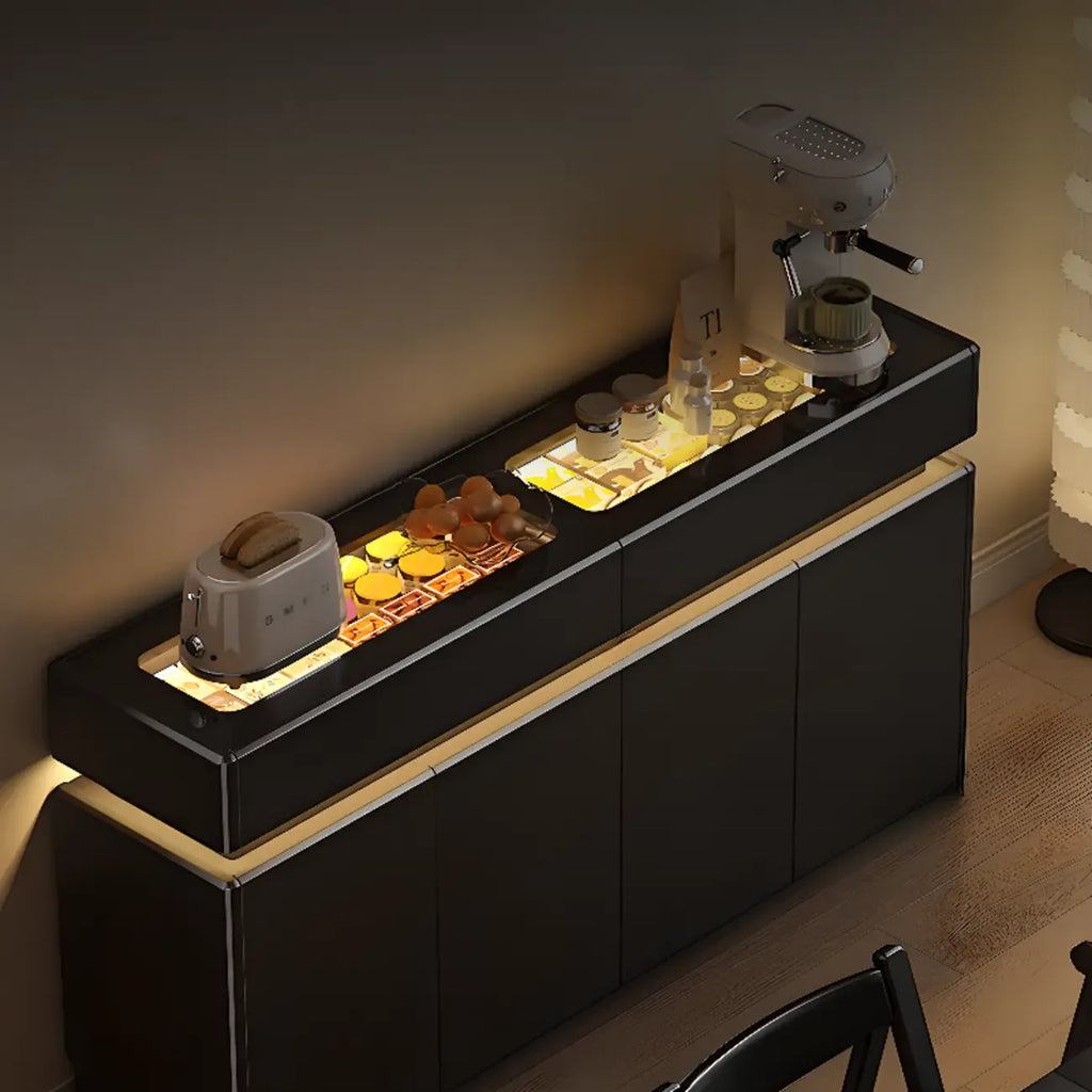 Madia in Legno e Vetro Nera con Luci LED, Cassetti e Ripiani