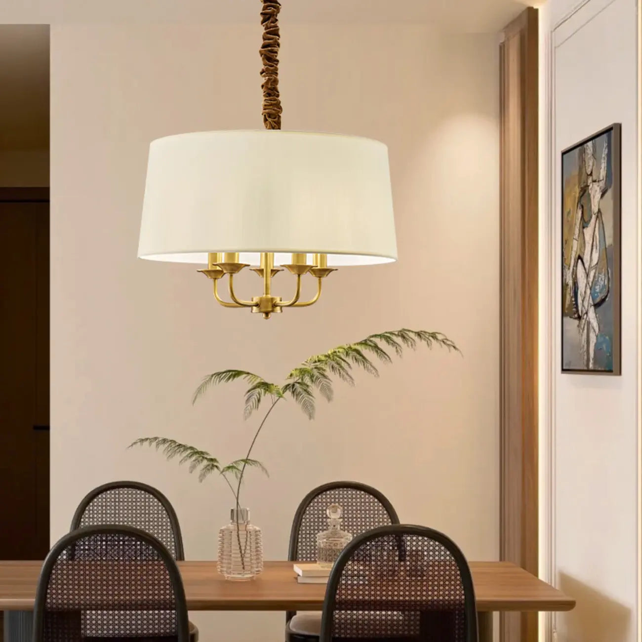 Lustre minimaliste en tissu doré, de forme cylindrique, à hauteur réglable