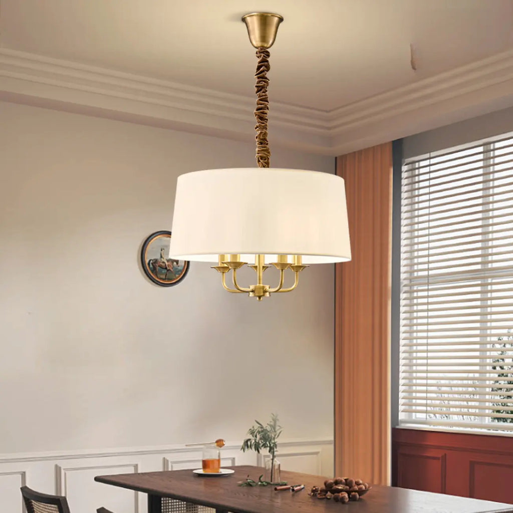 Lustre minimaliste en tissu doré, de forme cylindrique, à hauteur réglable