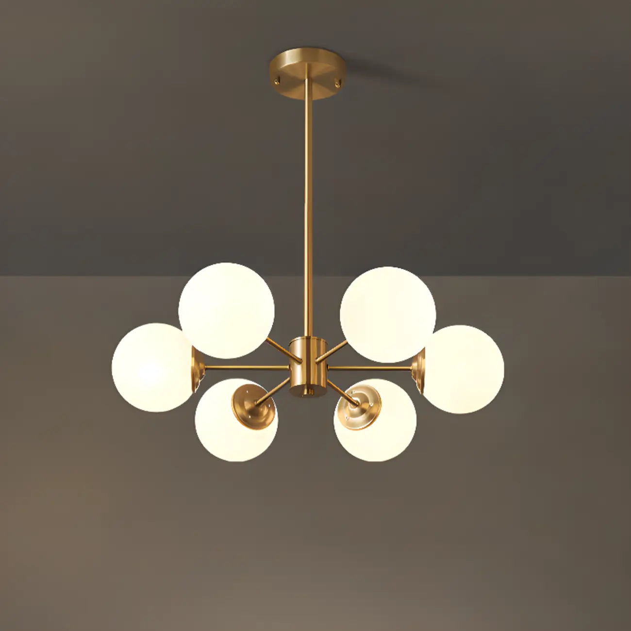 Lustre Sputnik doré moderne avec globe en verre blanc