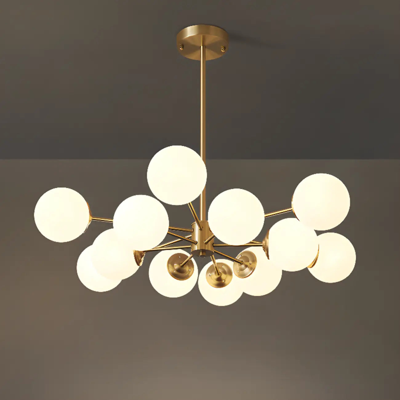 Lustre Sputnik doré moderne avec globe en verre blanc