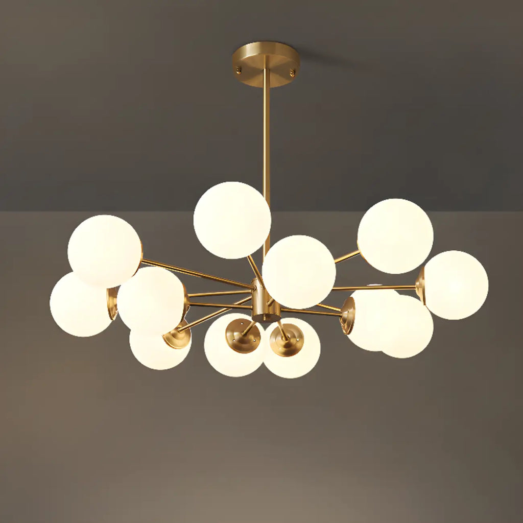 Lustre Sputnik doré moderne avec globe en verre blanc
