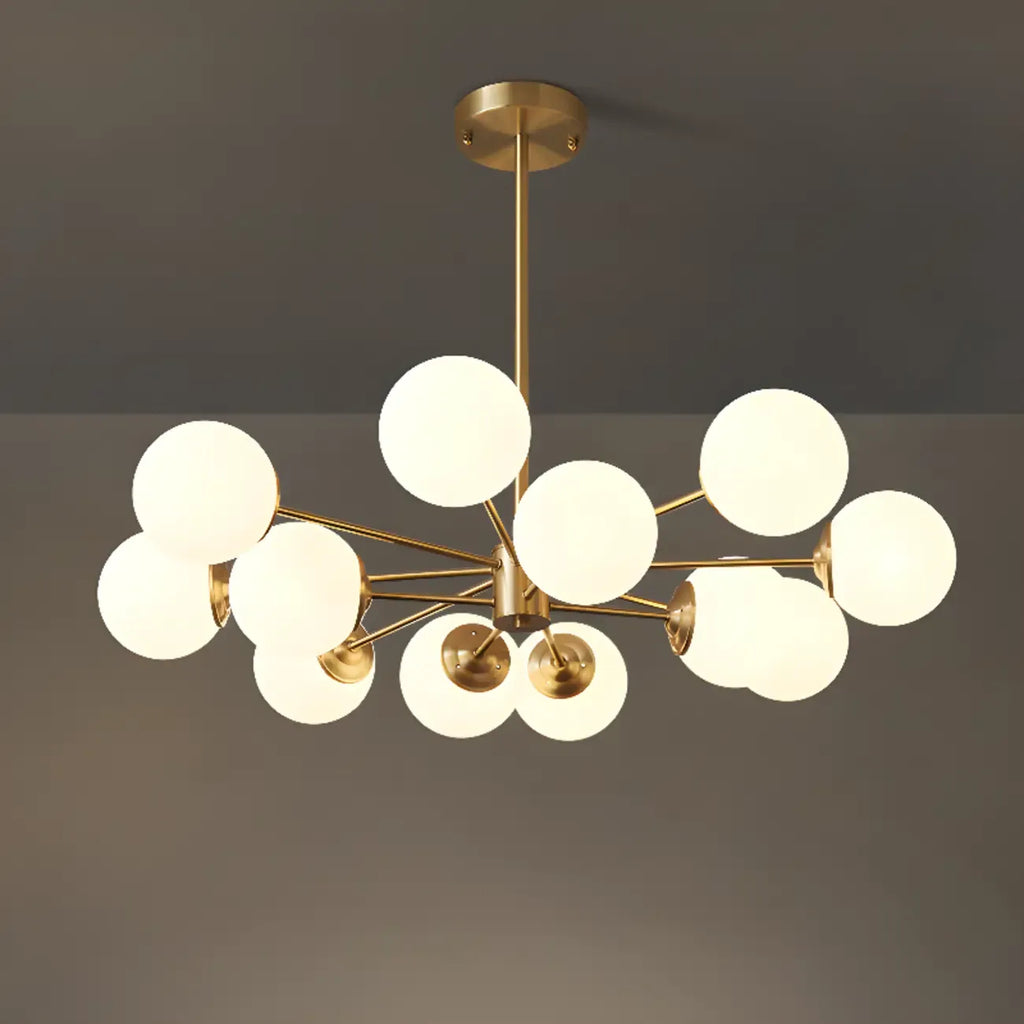 Lustre Sputnik doré moderne avec globe en verre blanc