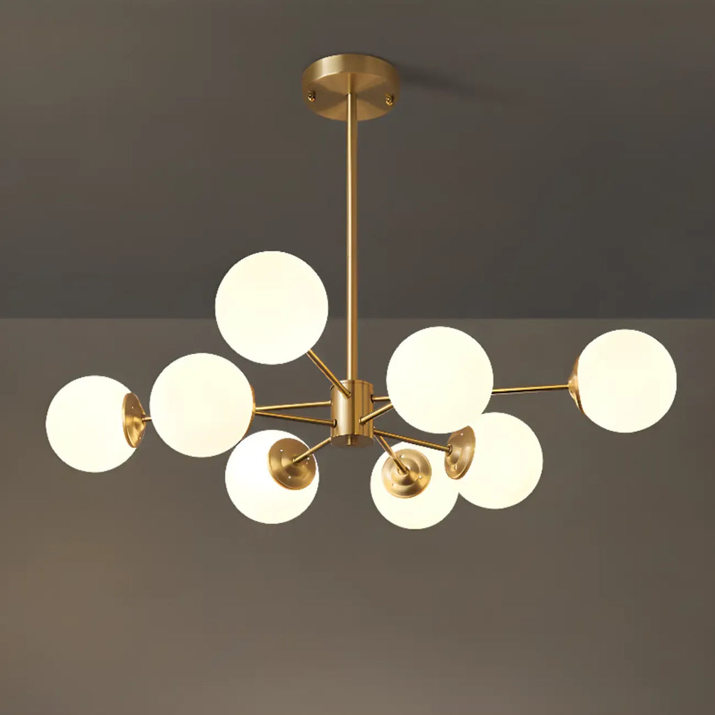 Lustre Sputnik doré moderne avec globe en verre blanc