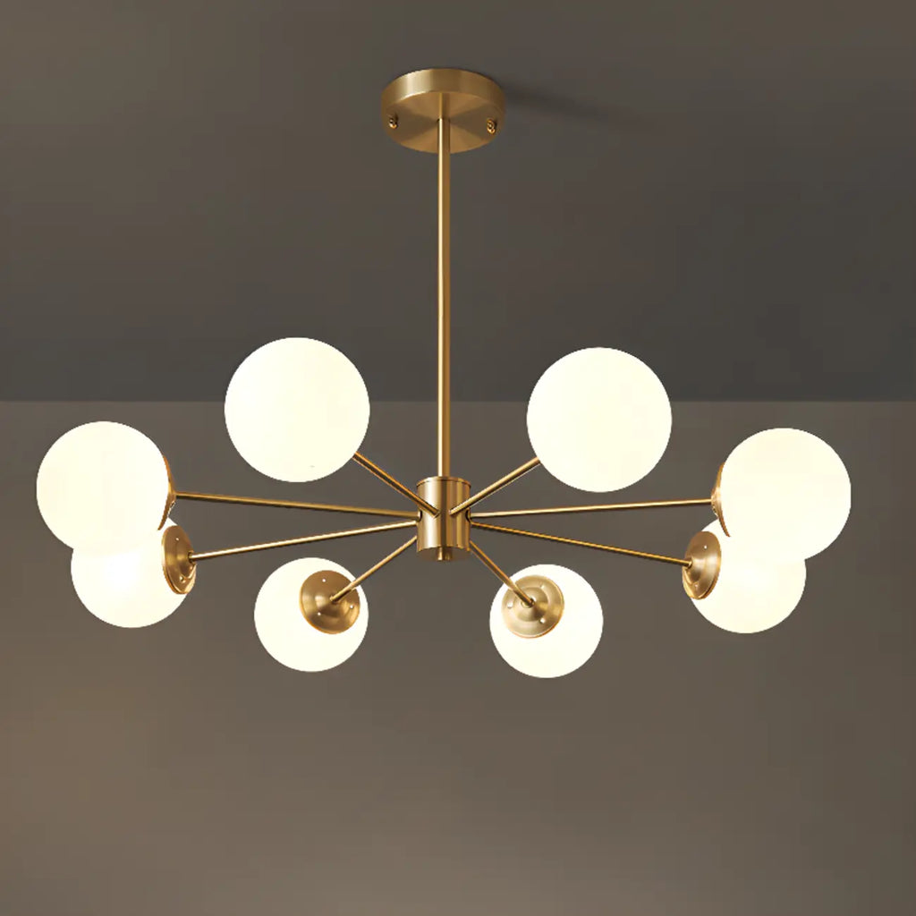 Lustre Sputnik doré moderne avec globe en verre blanc
