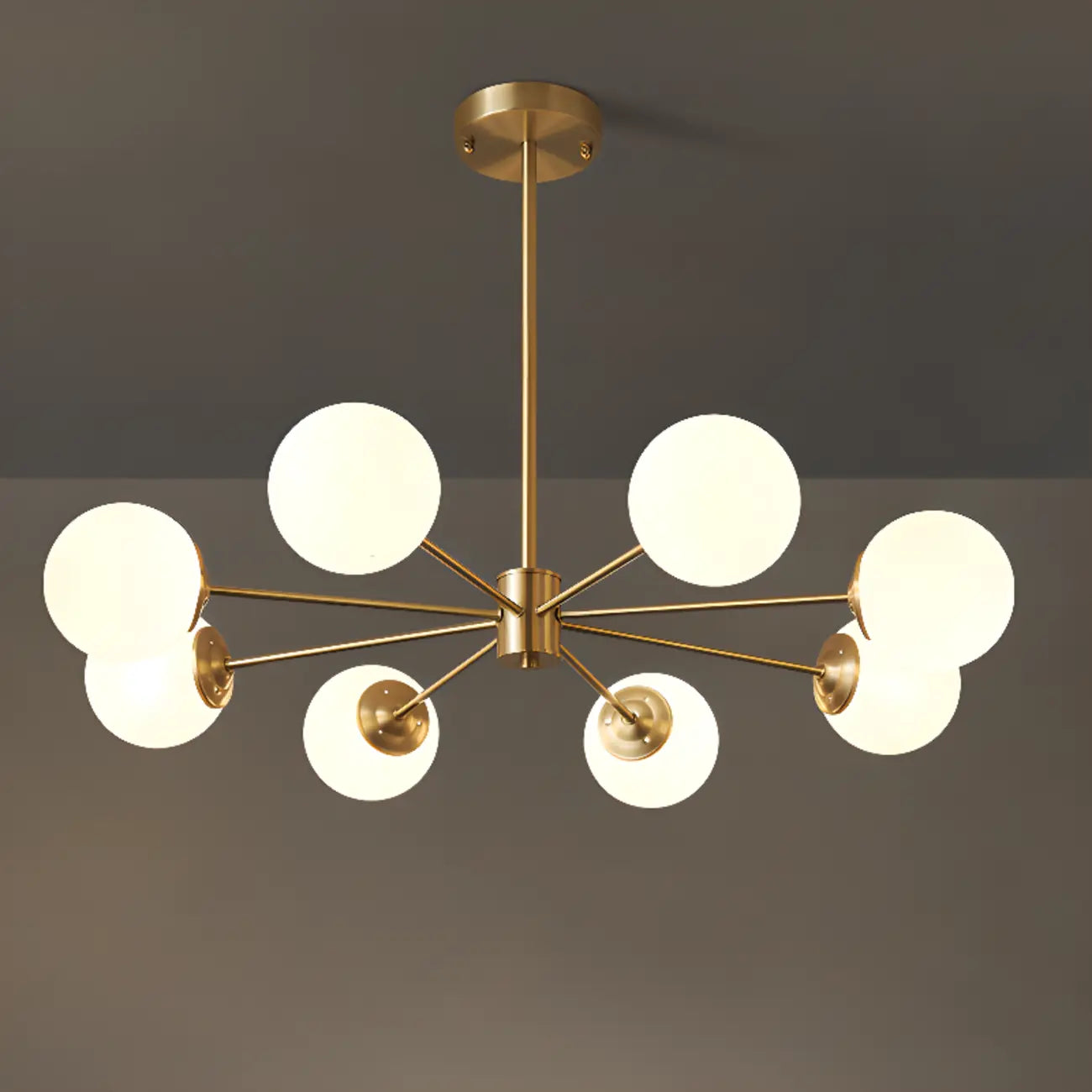 Lustre Sputnik doré moderne avec globe en verre blanc