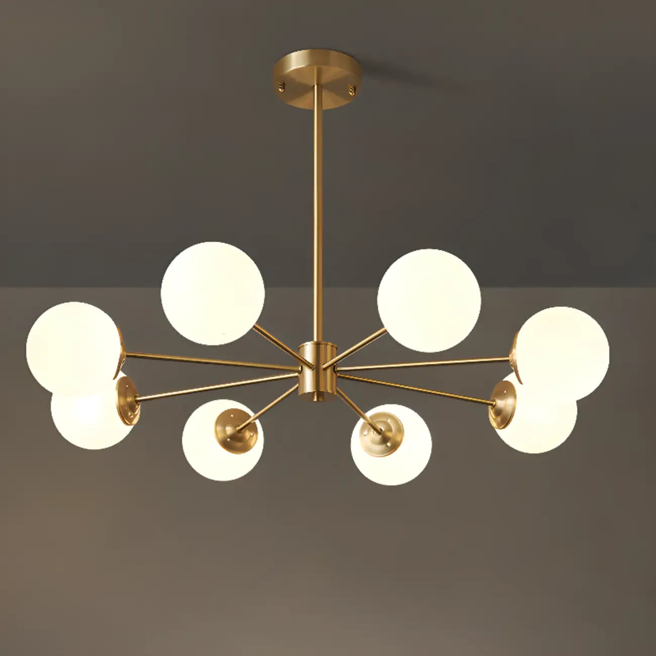 Lustre Sputnik doré moderne avec globe en verre blanc