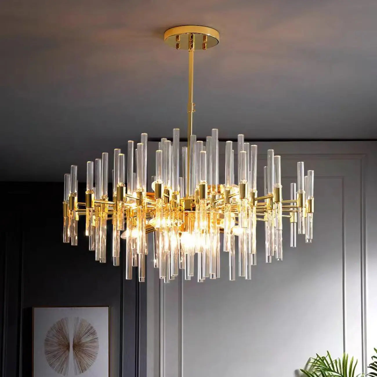 Lustre glamour à colonnes en verre transparent doré en forme d'étoile