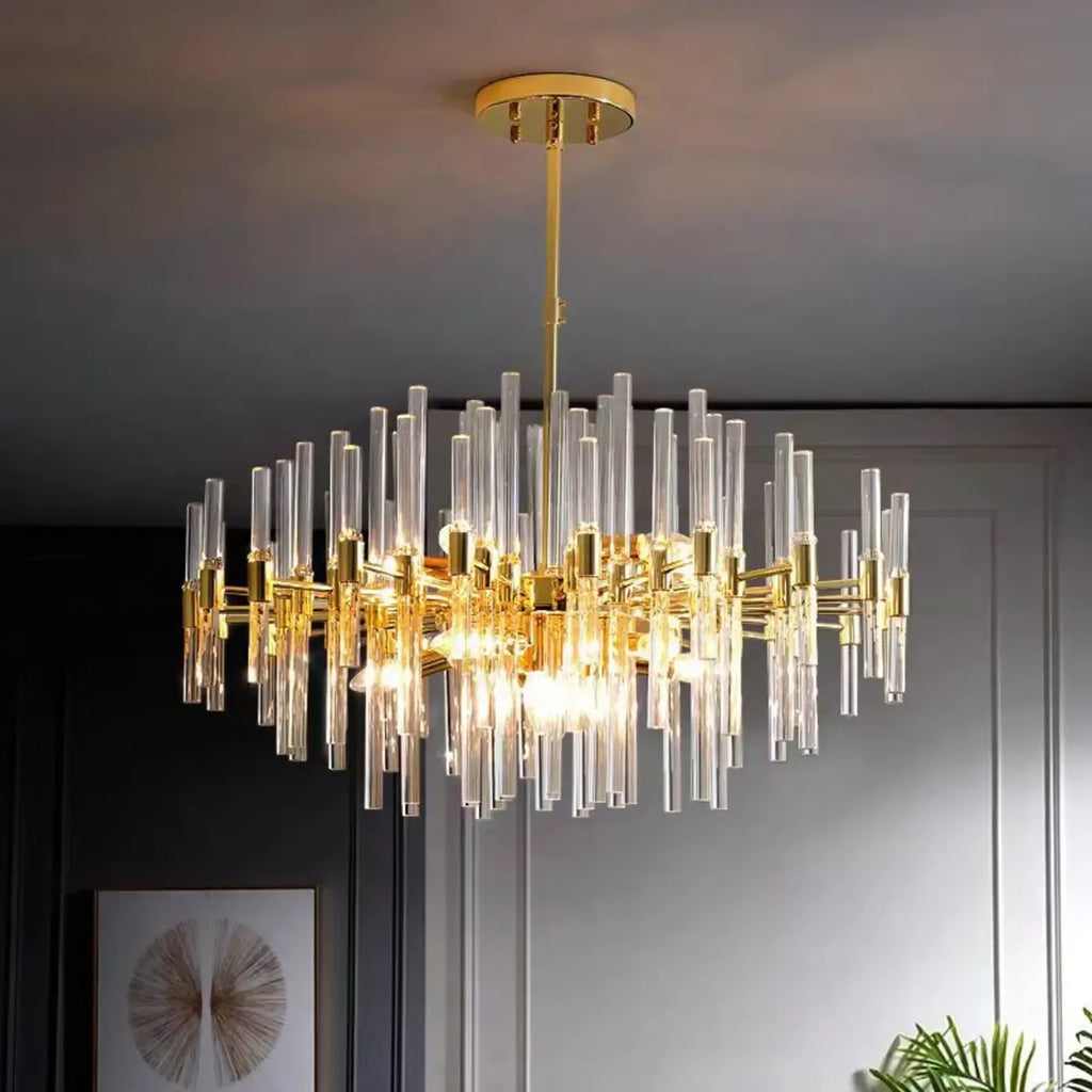 Lustre glamour à colonnes en verre transparent doré en forme d'étoile