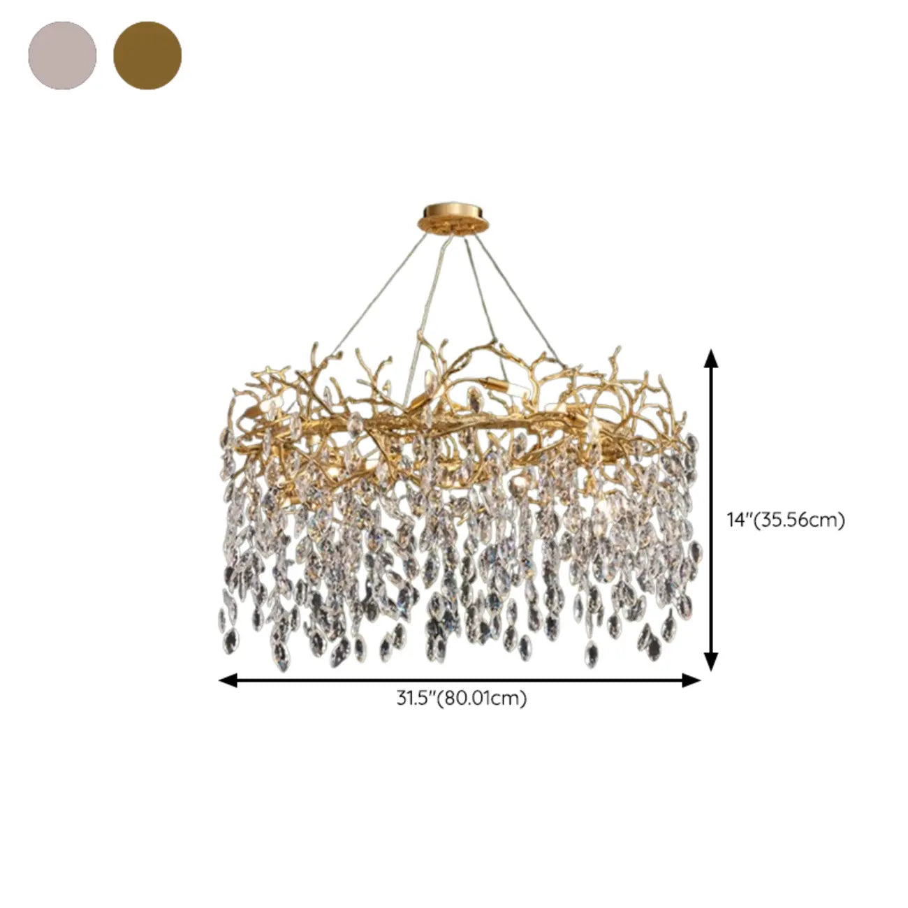 Lustre élégant en cristal, style moderne, à branches dorées et branches.