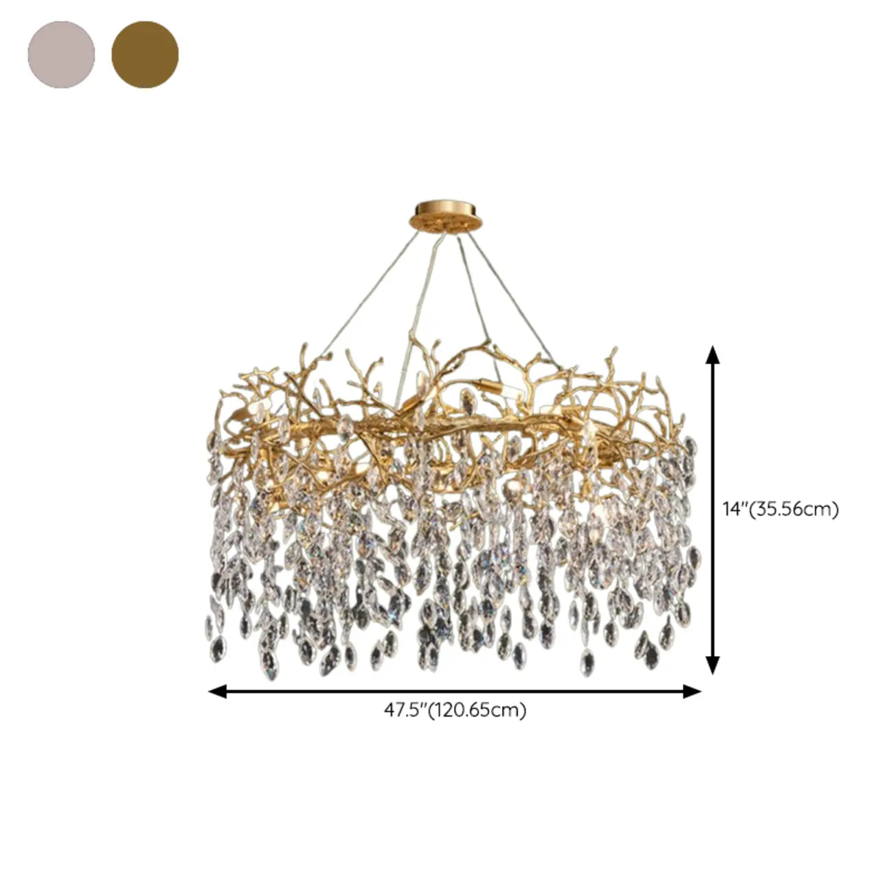 Lustre élégant en cristal, style moderne, à branches dorées et branches.