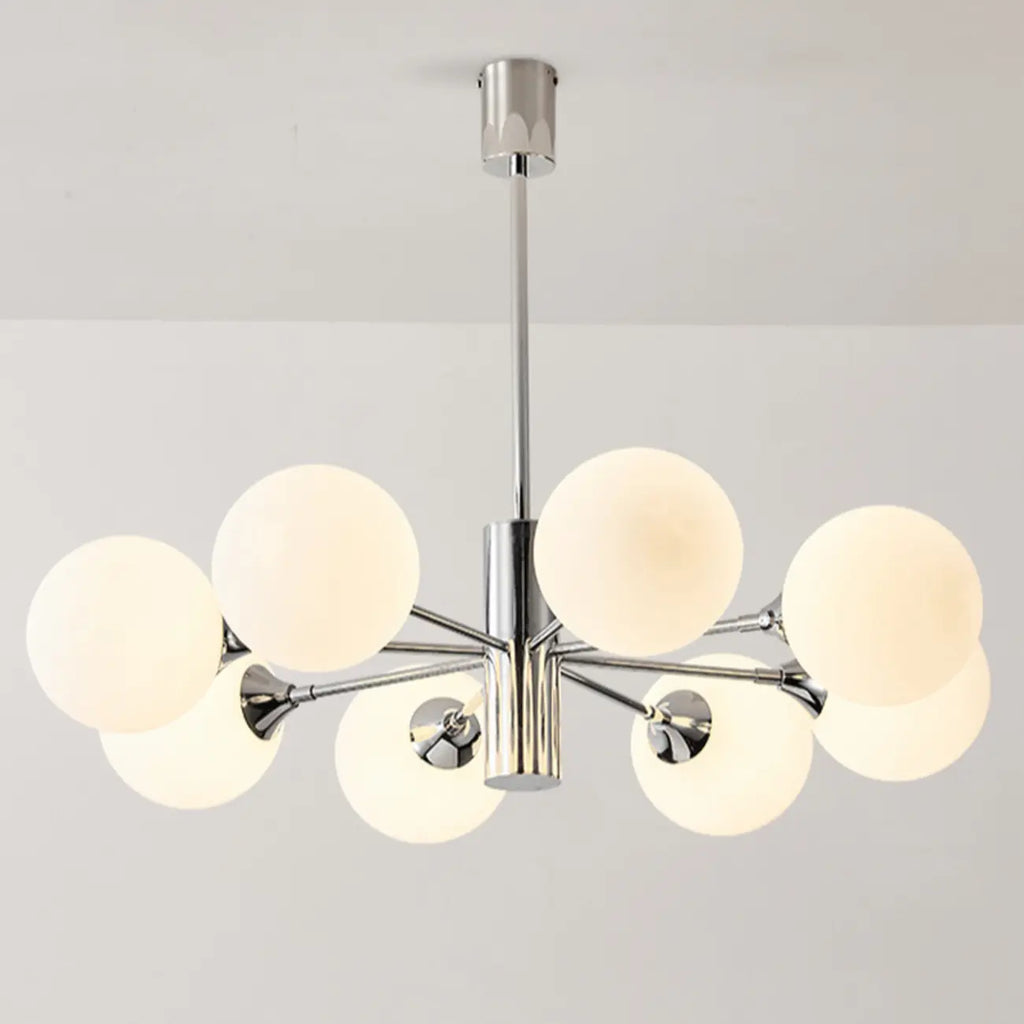 Lustre Sputnik argenté moderne avec globe en verre blanc