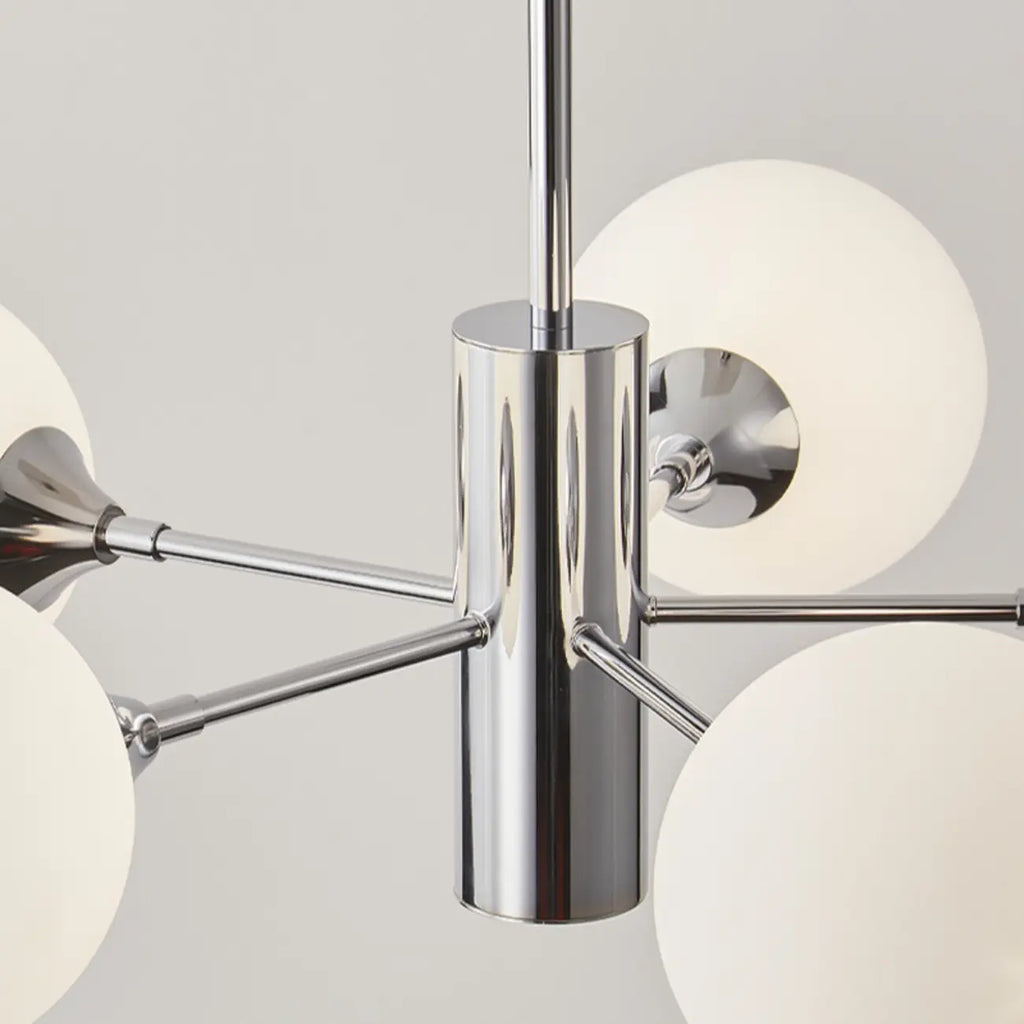 Lustre Sputnik argenté moderne avec globe en verre blanc