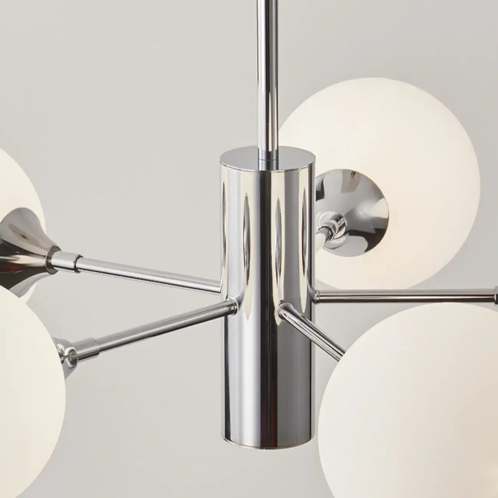 Lustre Sputnik argenté moderne avec globe en verre blanc