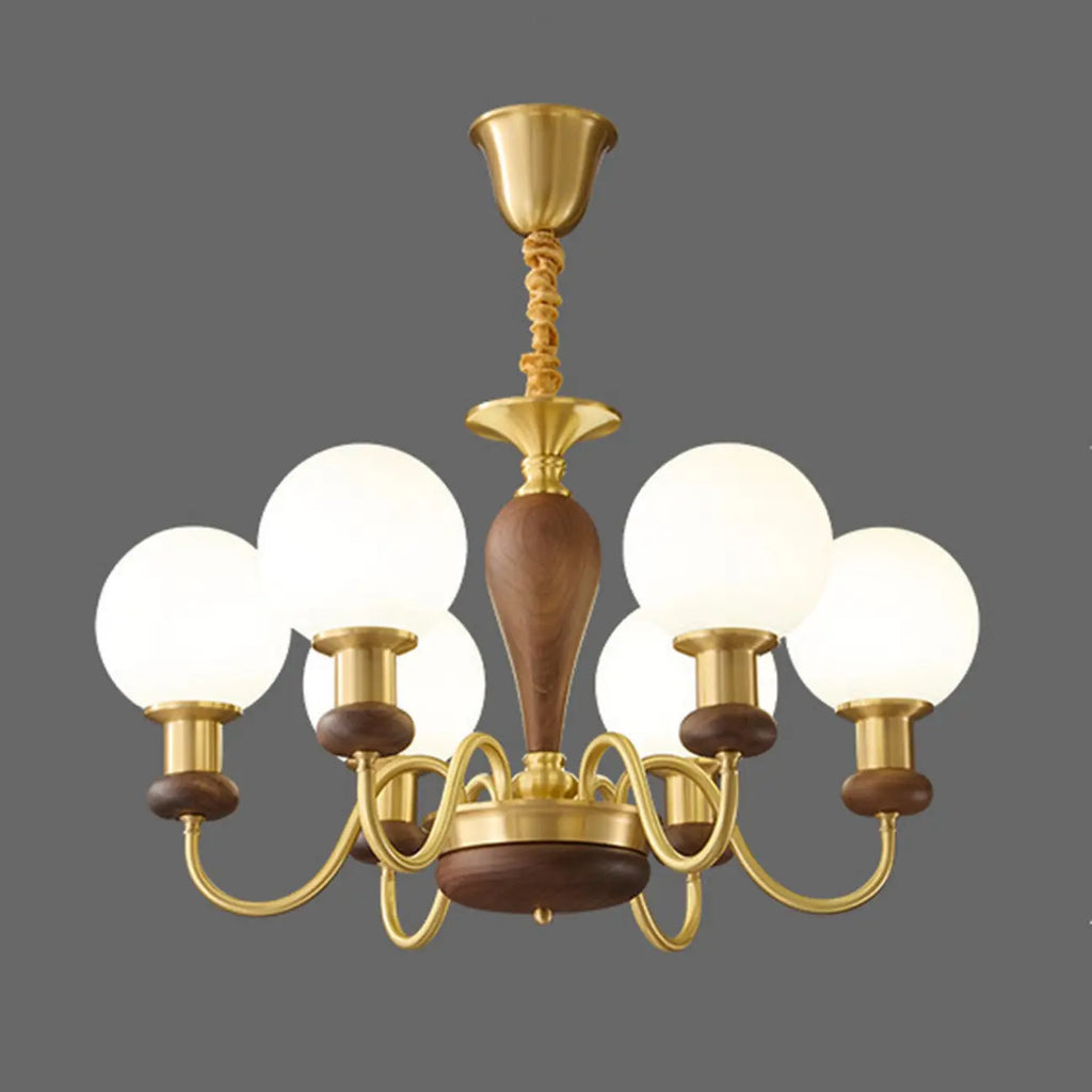 Lustre en laiton et bois de style Mid-Century avec abat-jour en verre sphérique