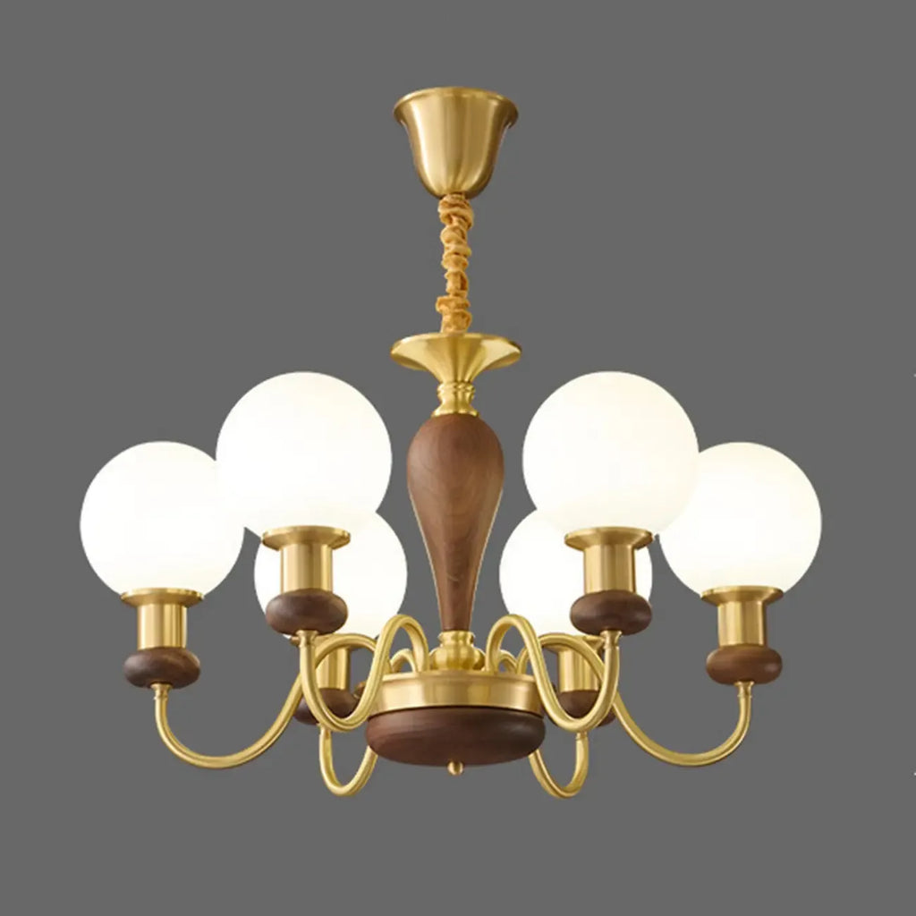 Lustre en laiton et bois de style Mid-Century avec abat-jour en verre sphérique